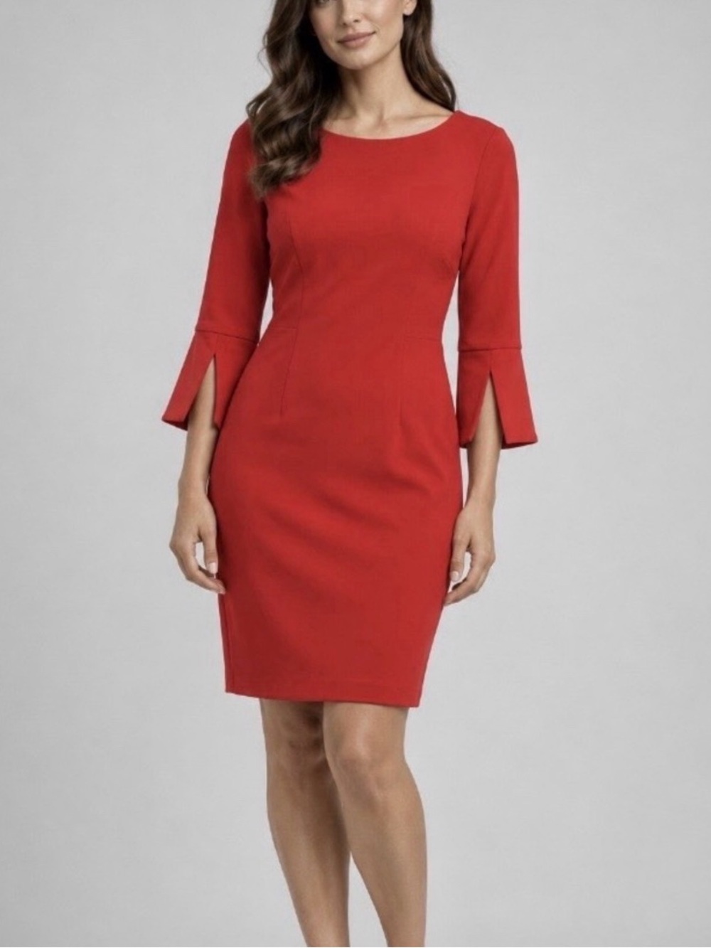 NWT 12 14 Calvin Klein Red Crepe 3/4 Sleeve Sheath Dress Pageant Wedding Guest